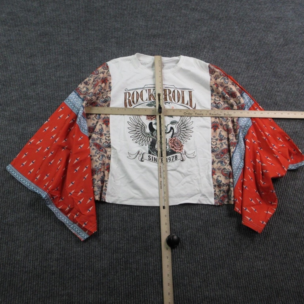 Rock & Roll Shirt Womens L White Kimono Long Sleeve Paisley Reworked Graphic Tee - Picture 5 of 9